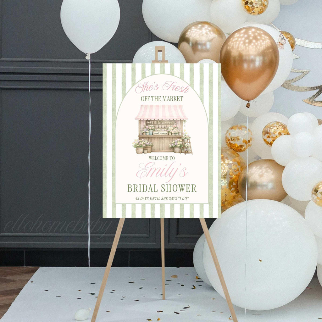 Fresh Off The Market Bridal Shower Welcome Sign, Sage Green Farmer's Market Theme, Stripe Bridal Brunch Wedding Shower Poster