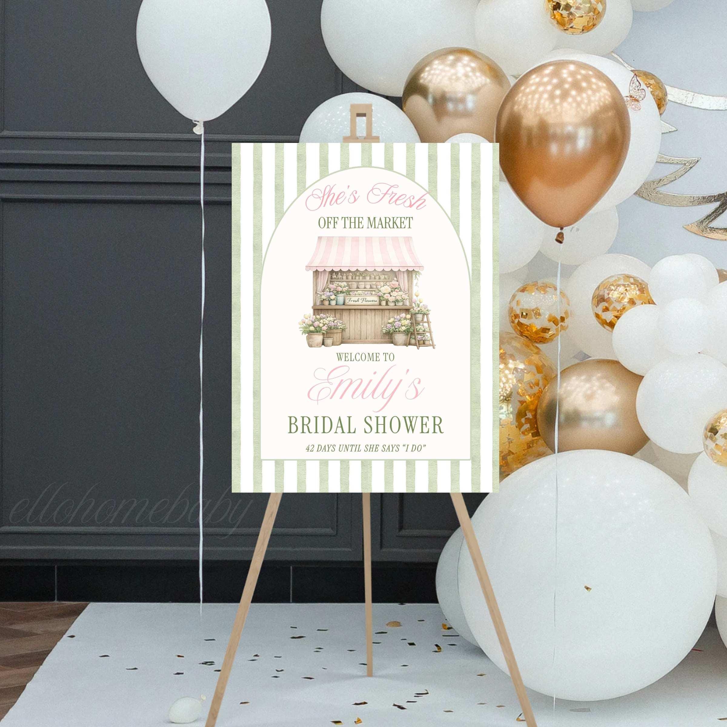 Fresh Off The Market Bridal Shower Welcome Sign, Sage Green Farmer's Market Theme, Stripe Bridal Brunch Wedding Shower Poster