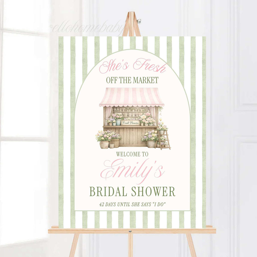 Fresh Off The Market Bridal Shower Welcome Sign, Sage Green Farmer's Market Theme, Stripe Bridal Brunch Wedding Shower Poster