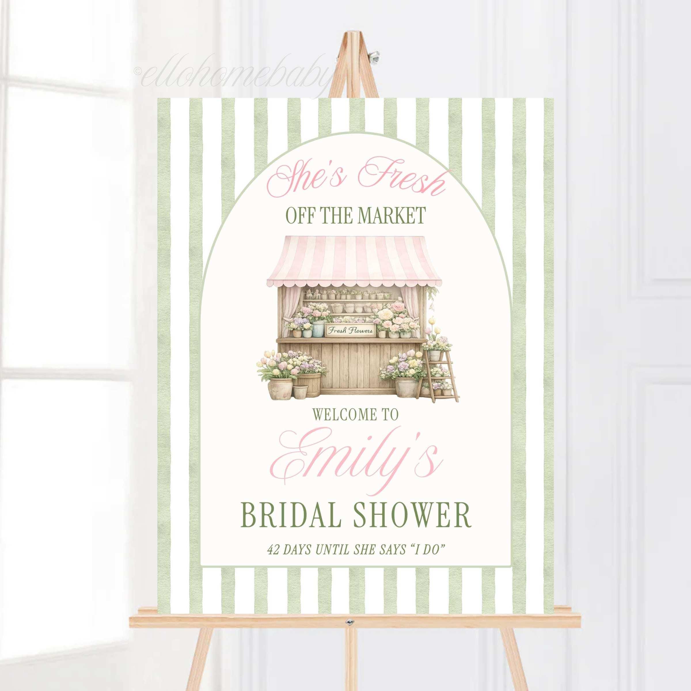 Fresh Off The Market Bridal Shower Welcome Sign, Sage Green Farmer's Market Theme, Stripe Bridal Brunch Wedding Shower Poster