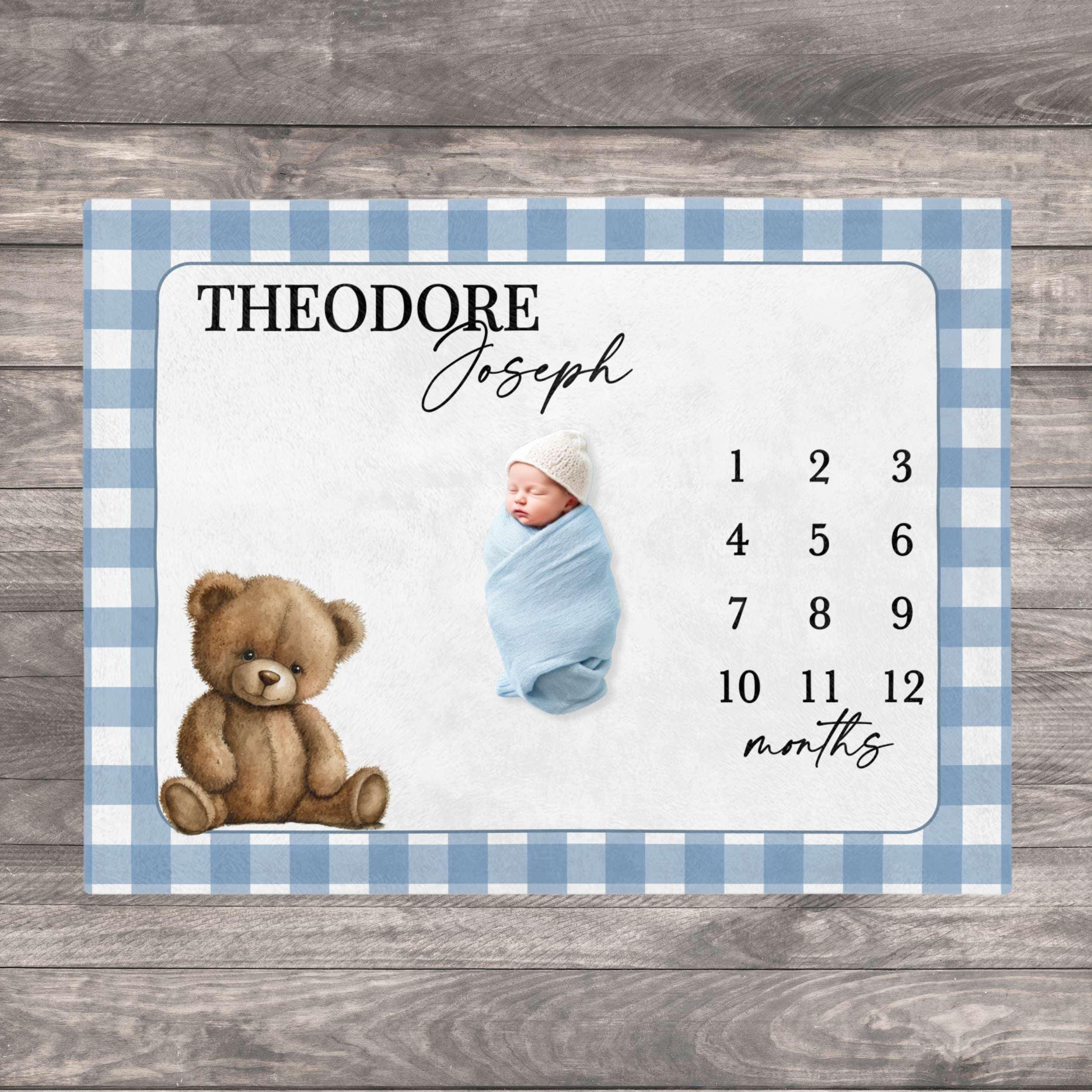 Personalized blue gingham baby milestone blanket featuring a sweet teddy bear and custom name. Perfect for baby boy monthly photos, first year memories, and newborn baby shower gifts. Personalized Blue Gingham Baby Milestone Blanket, Teddy Bear Baby Boy Photo Prop, Custom Name First Year Blanket. Available in materials Plush Minky fleece, smooth Thin Fleece or sherpa.