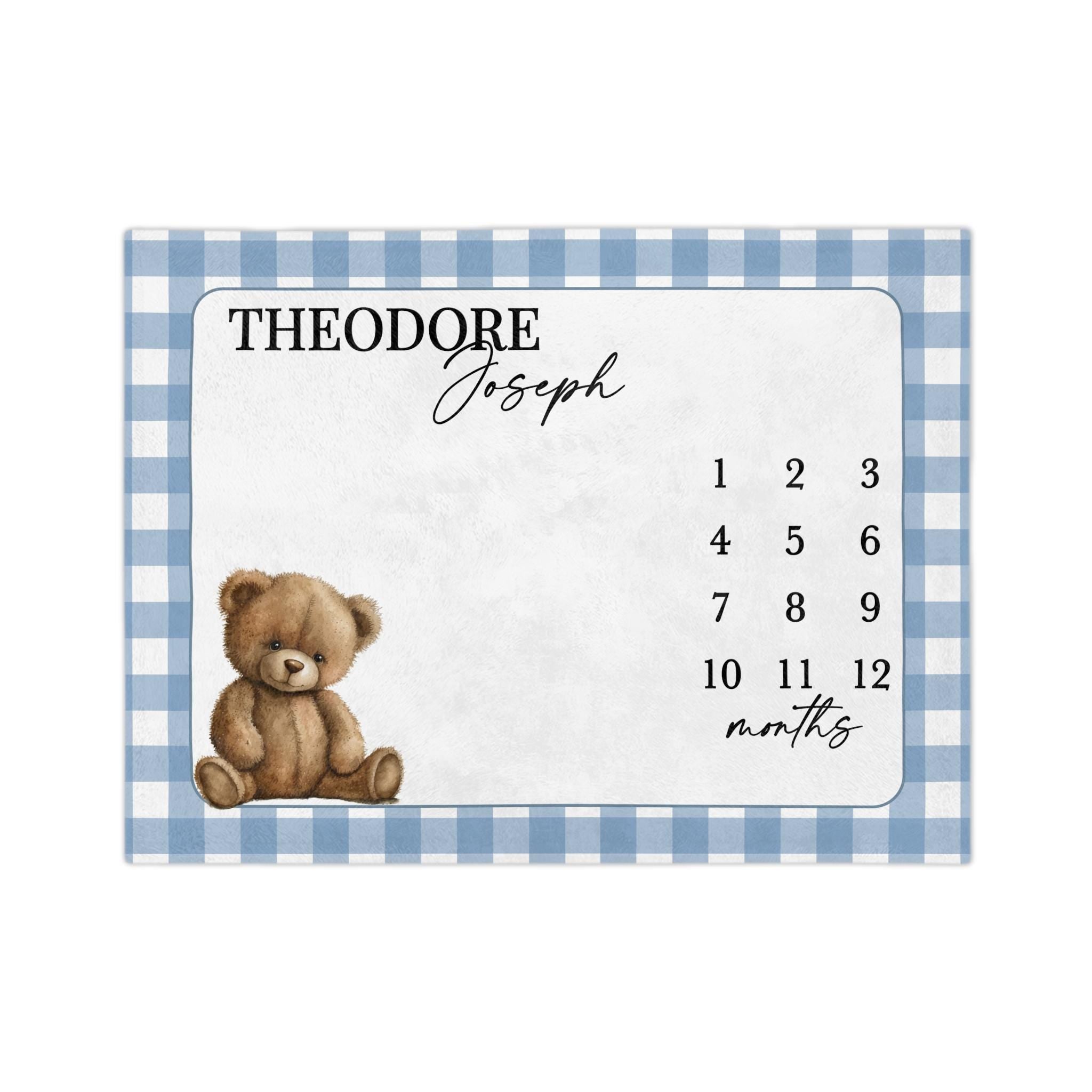 Personalized Blue Gingham Teddy Bear Baby Milestone Blanket, First Year Photo Prop, Month Blanket Boy