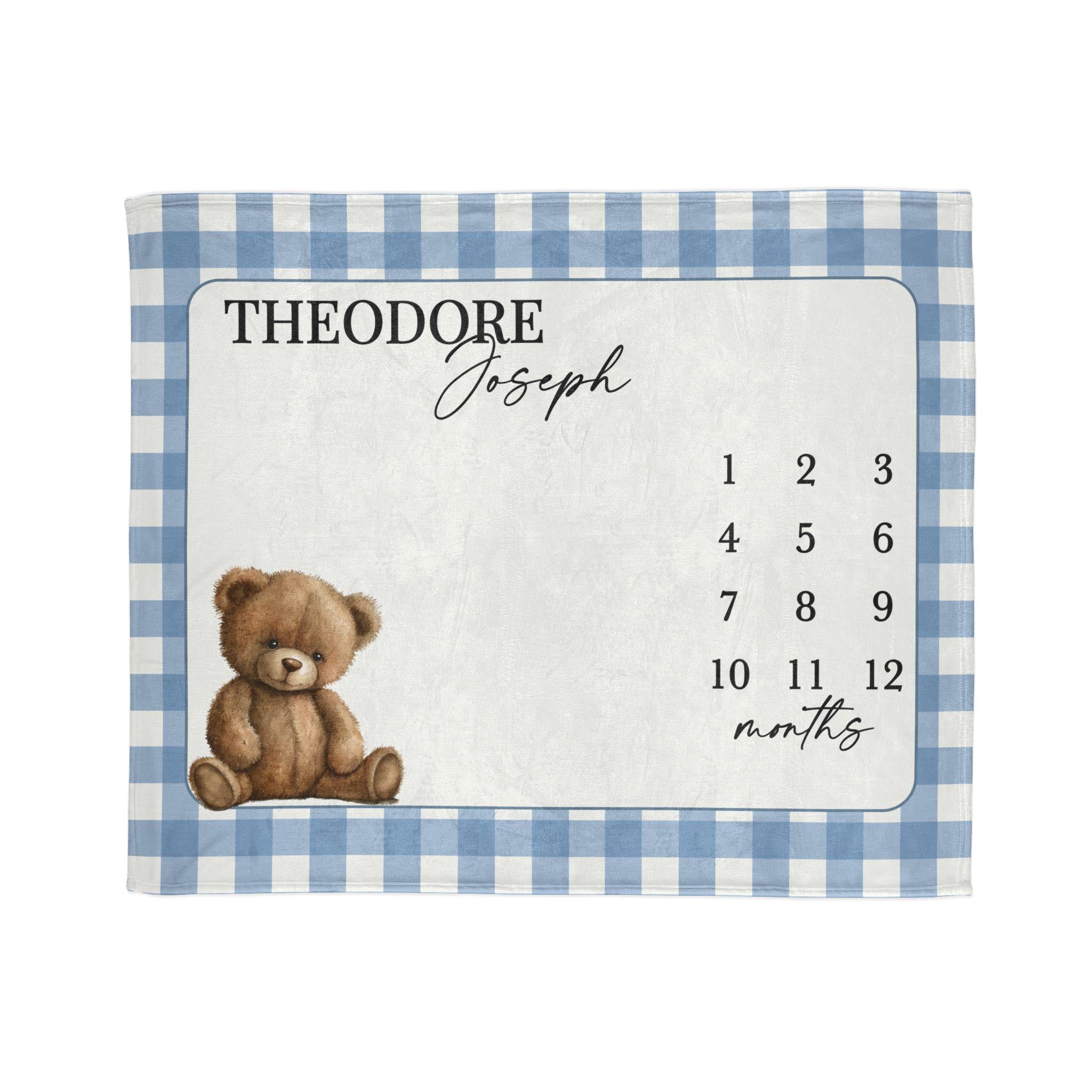 Personalized Blue Gingham Teddy Bear Baby Milestone Blanket, First Year Photo Prop, Month Blanket Boy
