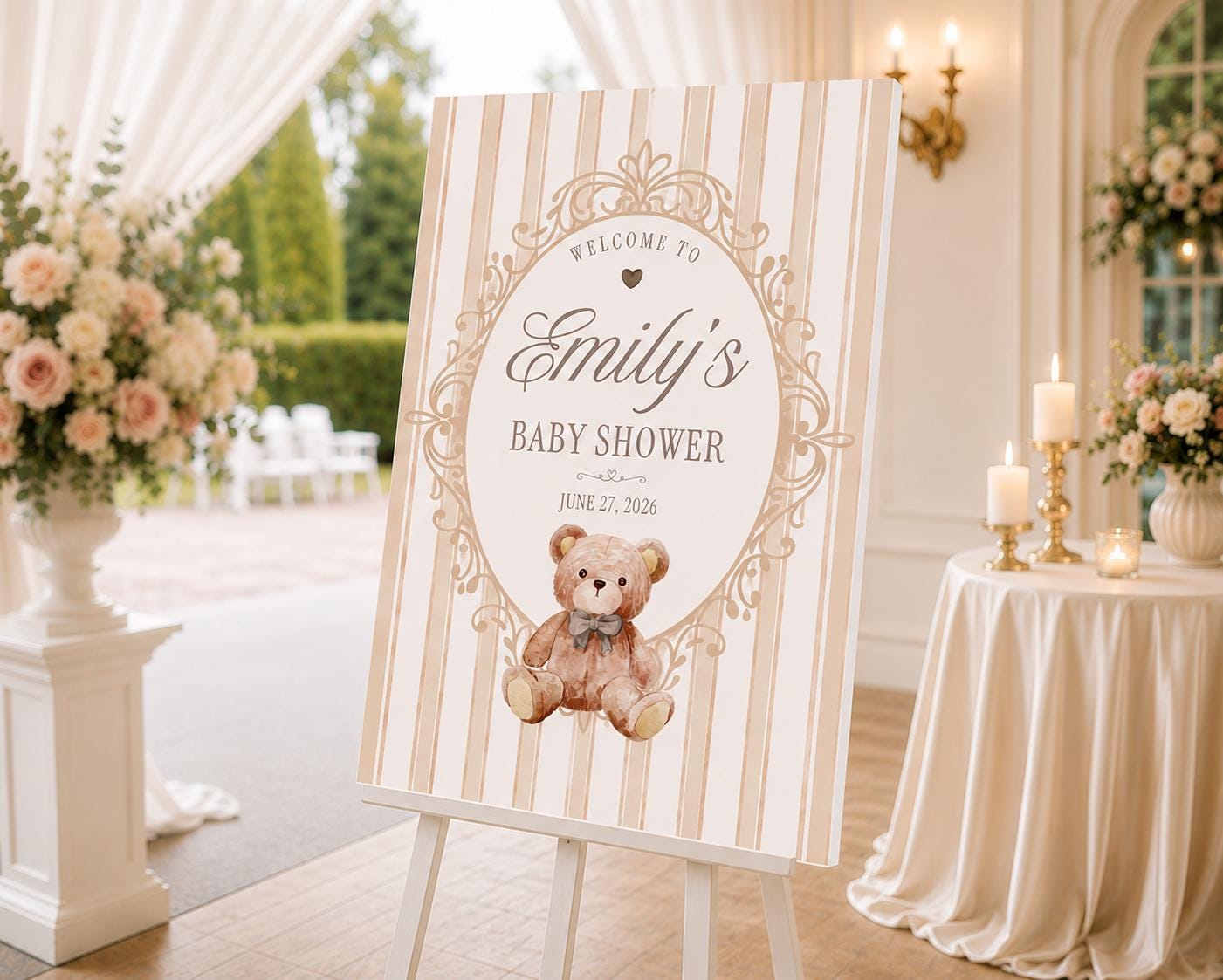 Personalized vintage teddy bear baby shower welcome sign with neutral brown and beige stripes, heirloom scroll frame, and watercolor teddy bear displayed on a wooden easel.