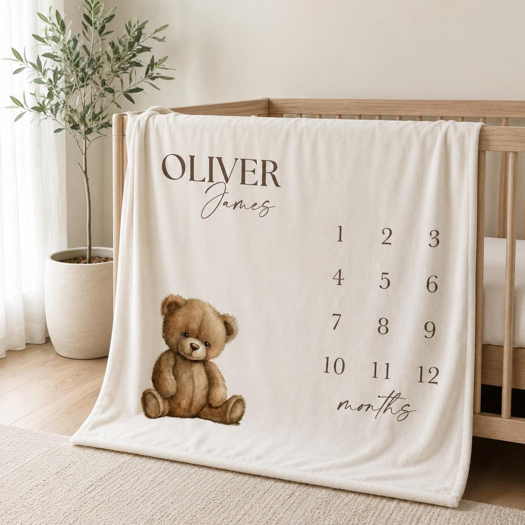 Personalized Teddy Bear Baby Milestone Blanket, First Year Monthly Growth Tracker, Neutral Photo Prop Vintage Nursery, Custom Name Blanket