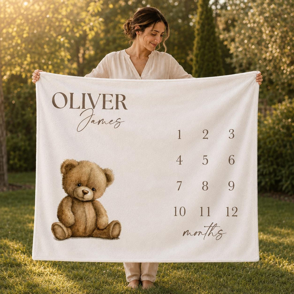Personalized Teddy Bear Baby Milestone Blanket, First Year Monthly Growth Tracker, Neutral Photo Prop Vintage Nursery, Custom Name Blanket
