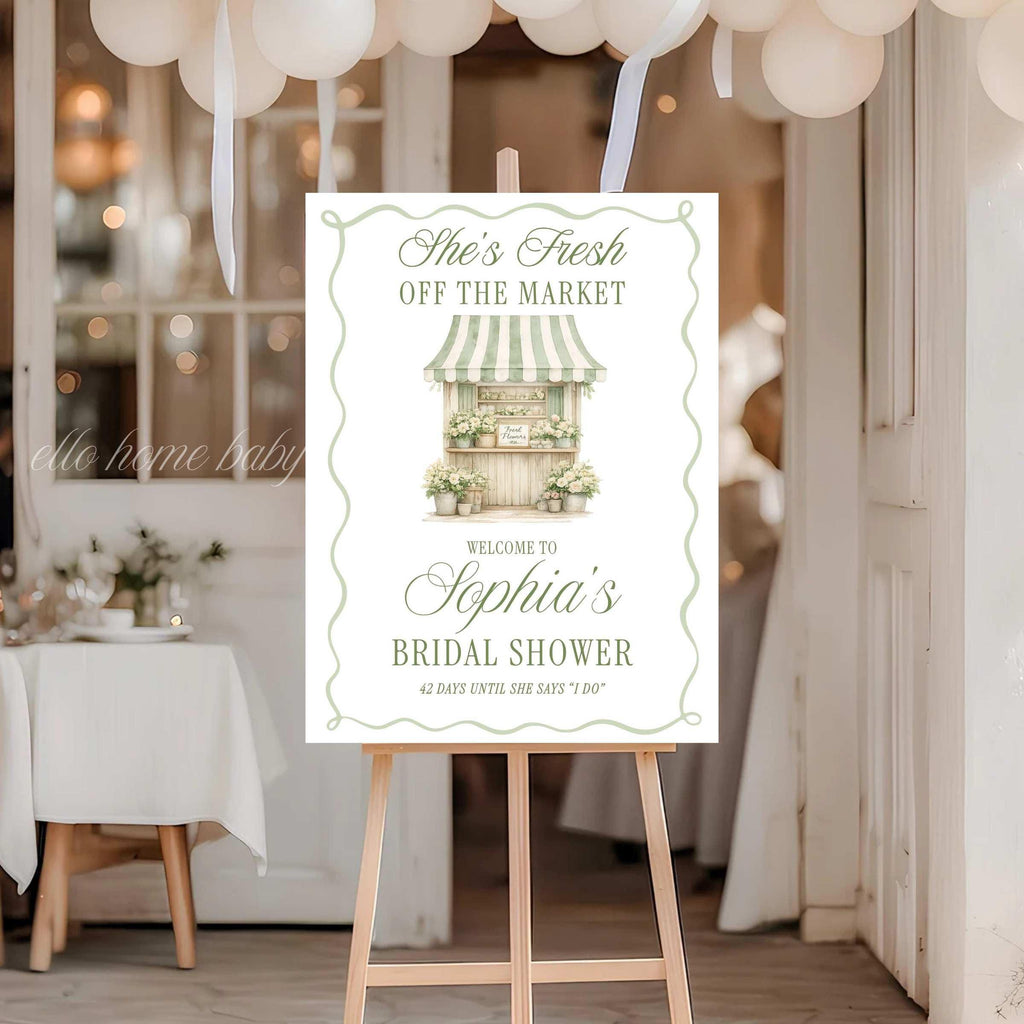 Custom bridal shower welcome poster with watercolor flower stand illustration and sophisticated sage green frame.