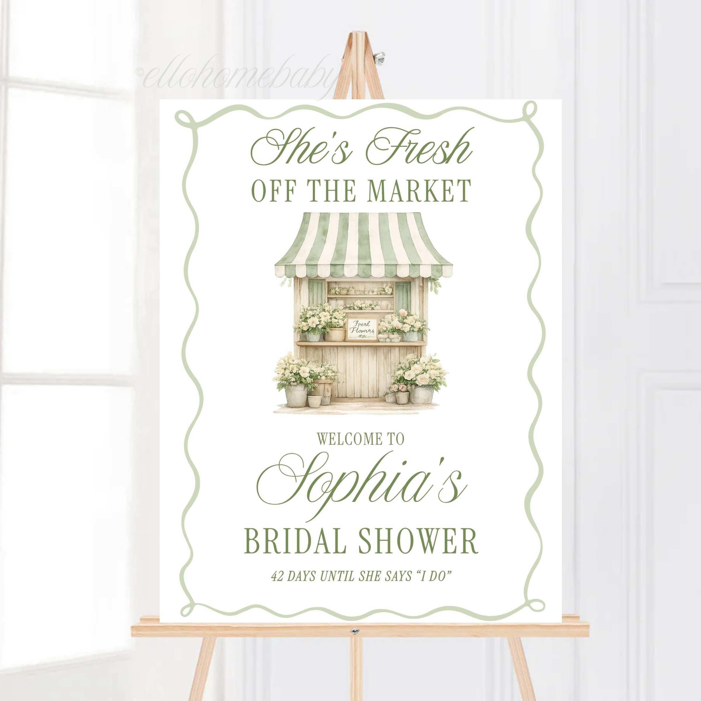 Fresh Off The Market Bridal Shower Welcome Sign, Sage Green Flower Market Sign, Farmer's Market Stripe Bridal Brunch, Wedding Shower Signage