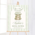 Fresh Off the Market bridal shower welcome sign personalized with bride's name in elegant script on modern sage green striped design.