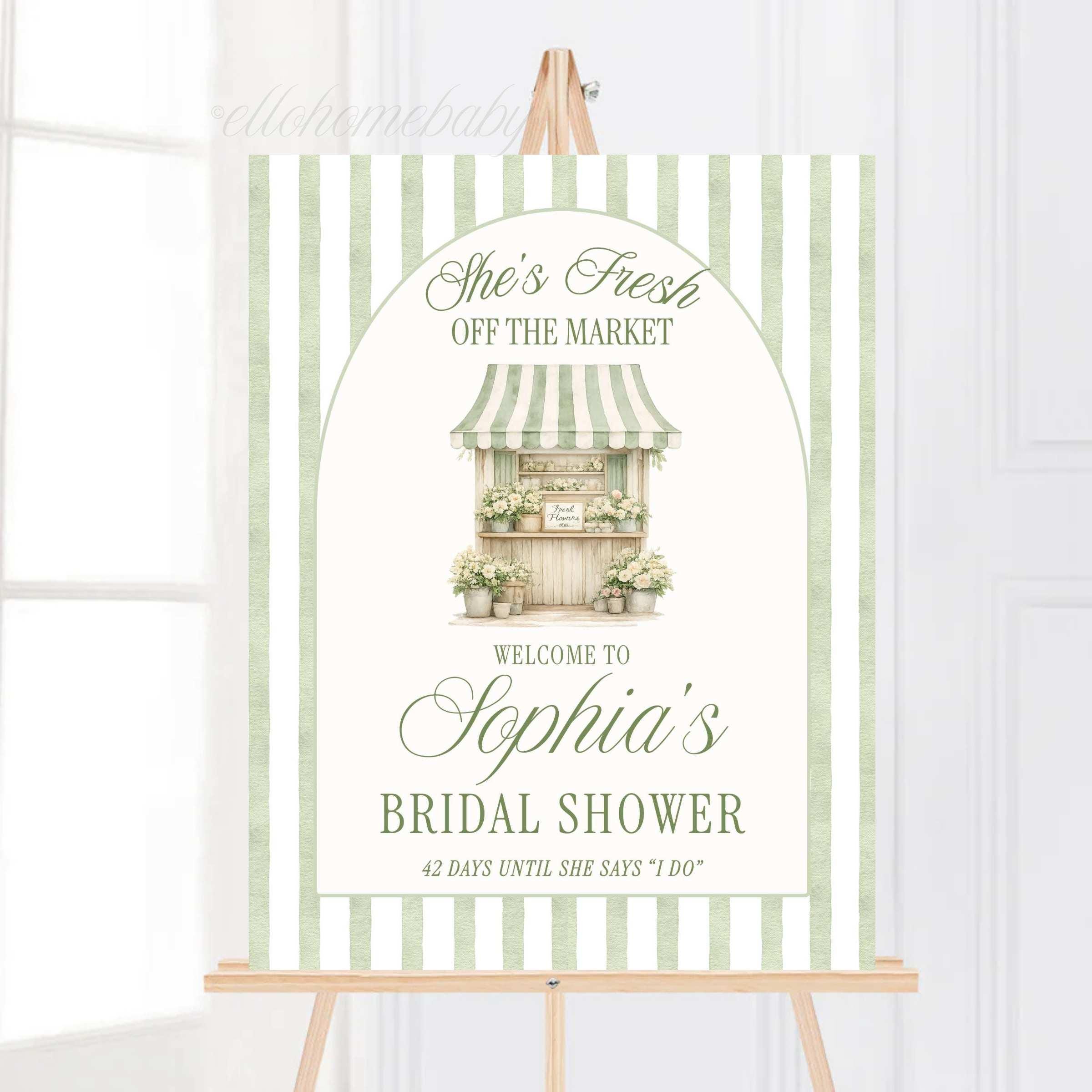Fresh Off the Market bridal shower welcome sign personalized with bride's name in elegant script on modern sage green striped design.