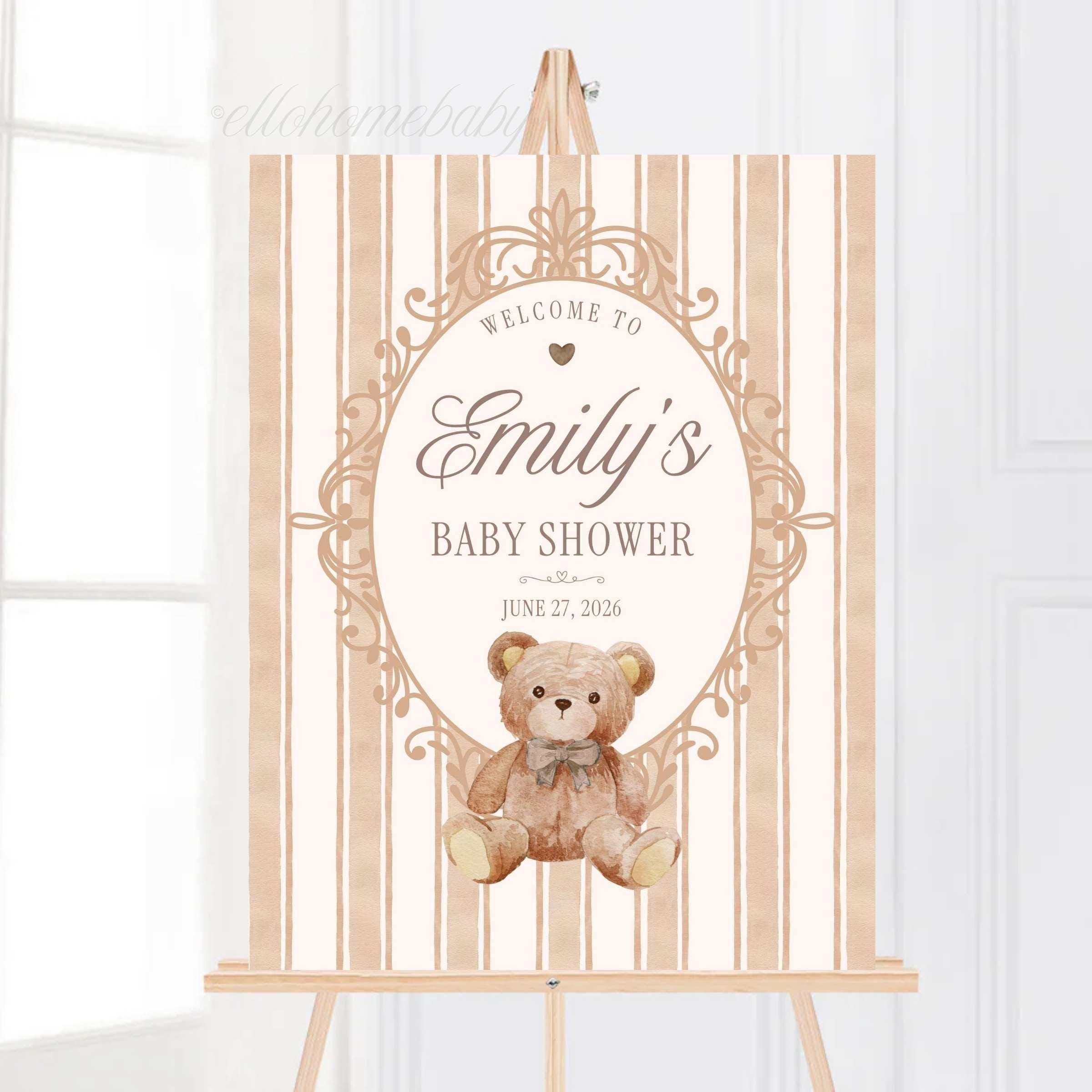 Elegant neutral baby shower entrance sign featuring watercolor teddy bear illustration and personalized welcome text. Storybook-inspired teddy bear baby shower welcome sign with elegant neutral color palette.