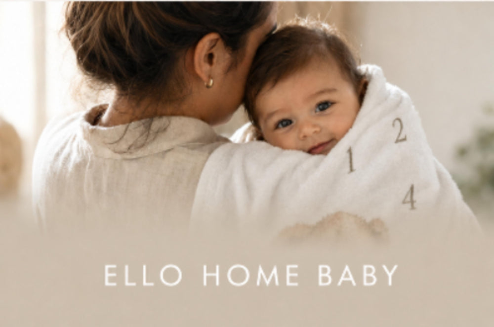 New mother holding her adorable baby wrapped in Ello Home Baby's custom teddy bear milestone blanket made of soft and fluffy minky fleece.