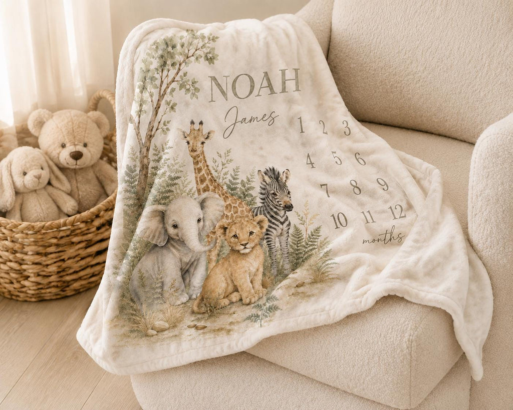 Personalized Safari Milestone Blanket, Neutral Jungle Animal Baby Blanket, Monthly Photo Prop, Custom Name Newborn Gift, Safari Nursery
