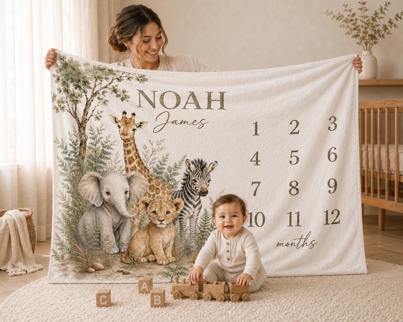 Personalized Safari Milestone Blanket, Neutral Jungle Animal Baby Blanket, Monthly Photo Prop, Custom Name Newborn Gift, Safari Nursery