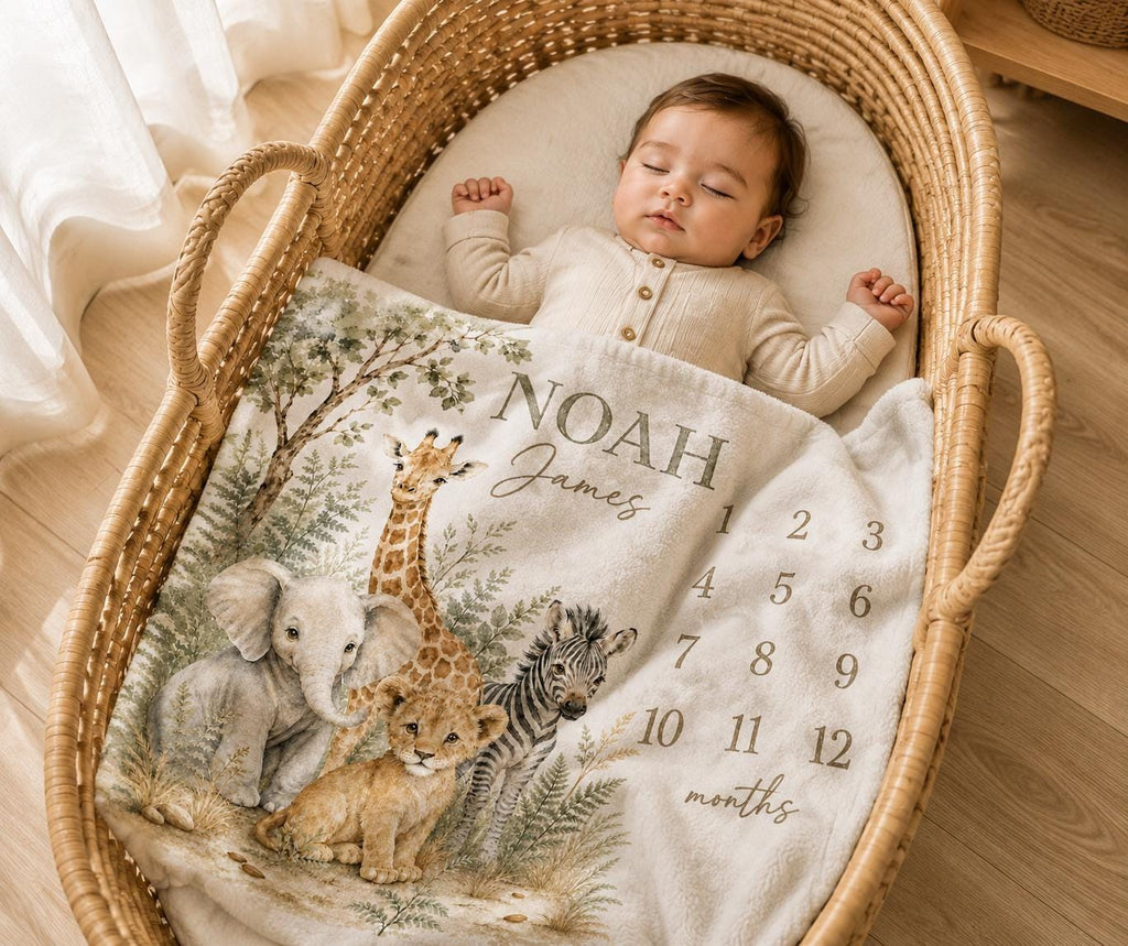 Baby sleeping in a bassinet covered in a personalized neutral safari milestone blanket.