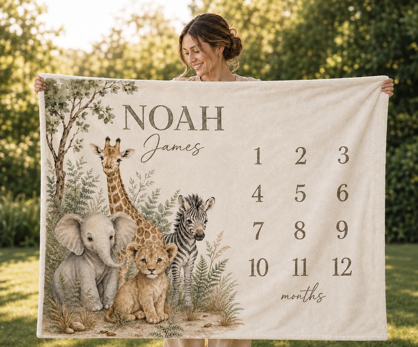 Personalized Safari Milestone Blanket, Neutral Jungle Animal Baby Blanket, Monthly Photo Prop, Custom Name Newborn Gift, Safari Nursery