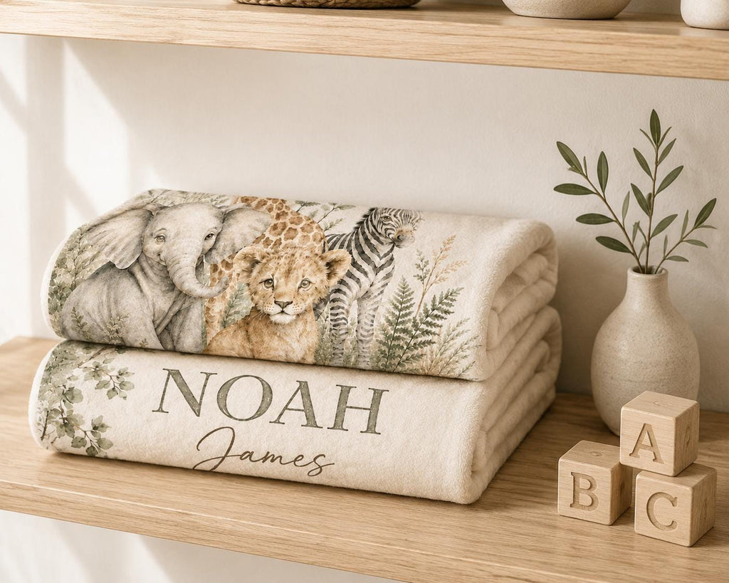 Personalized Safari Milestone Blanket, Neutral Jungle Animal Baby Blanket, Monthly Photo Prop, Custom Name Newborn Gift, Safari Nursery