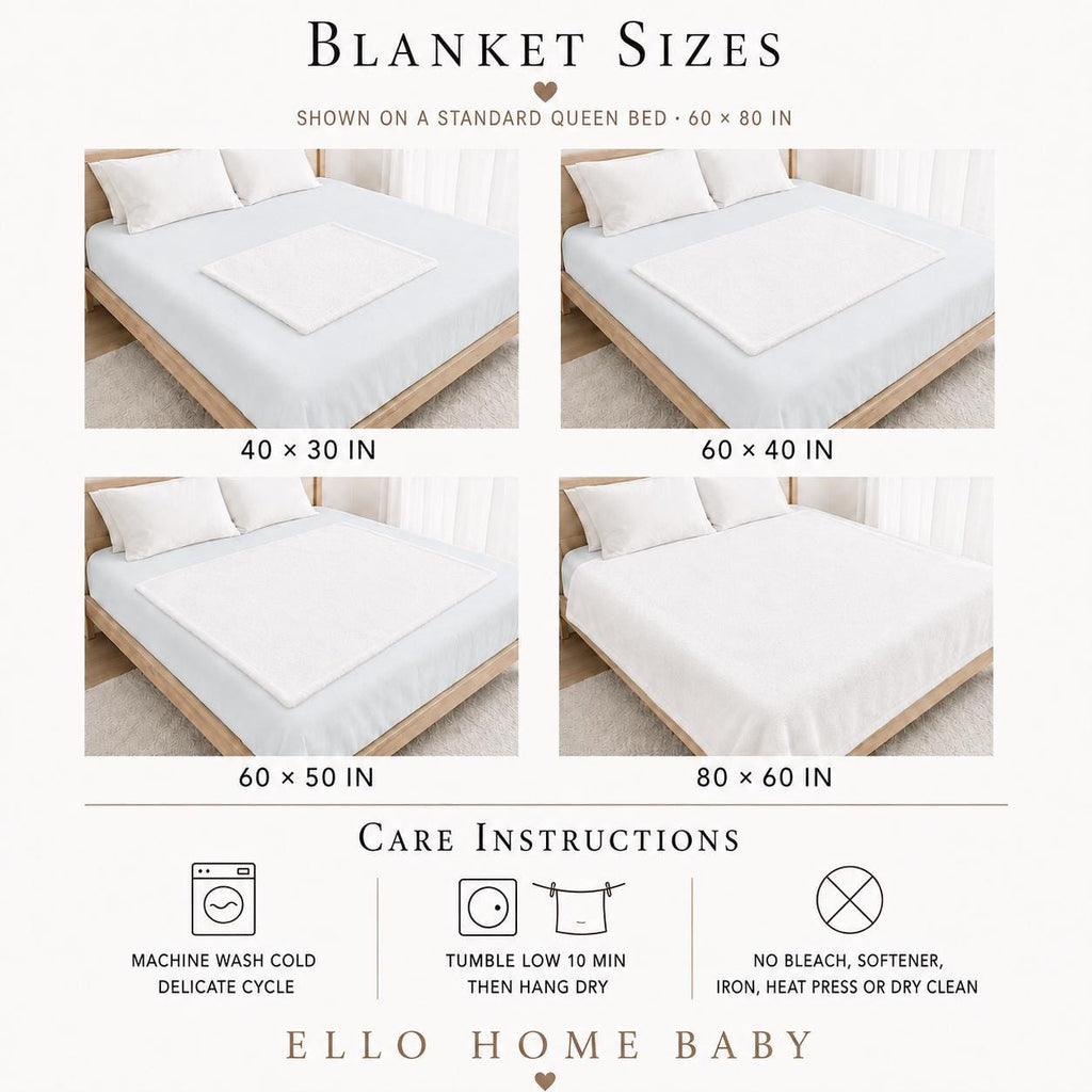 Blanket size comparison on a queen bed showing 40 by 30, 60 by 40, 60 by 50 and 80 by 60 inch options with care instructions offered by ELLO HOME BABY.