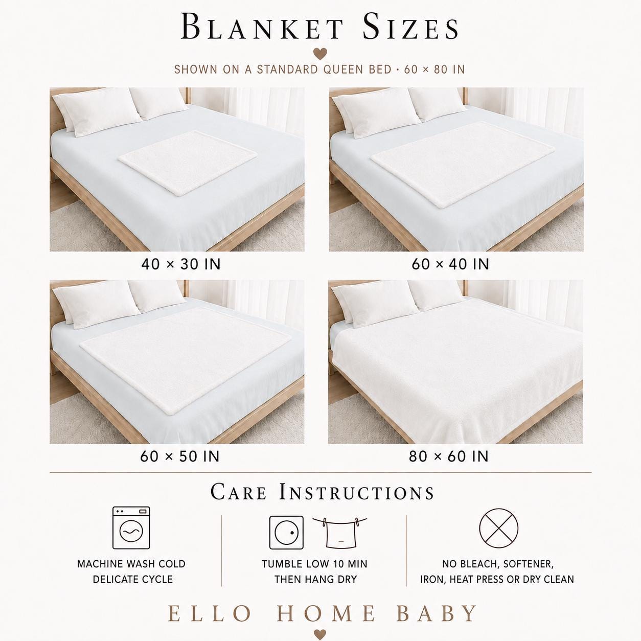Blanket size comparison on a queen bed showing 40 by 30, 60 by 40, 60 by 50 and 80 by 60 inch options with care instructions offered by ELLO HOME BABY.