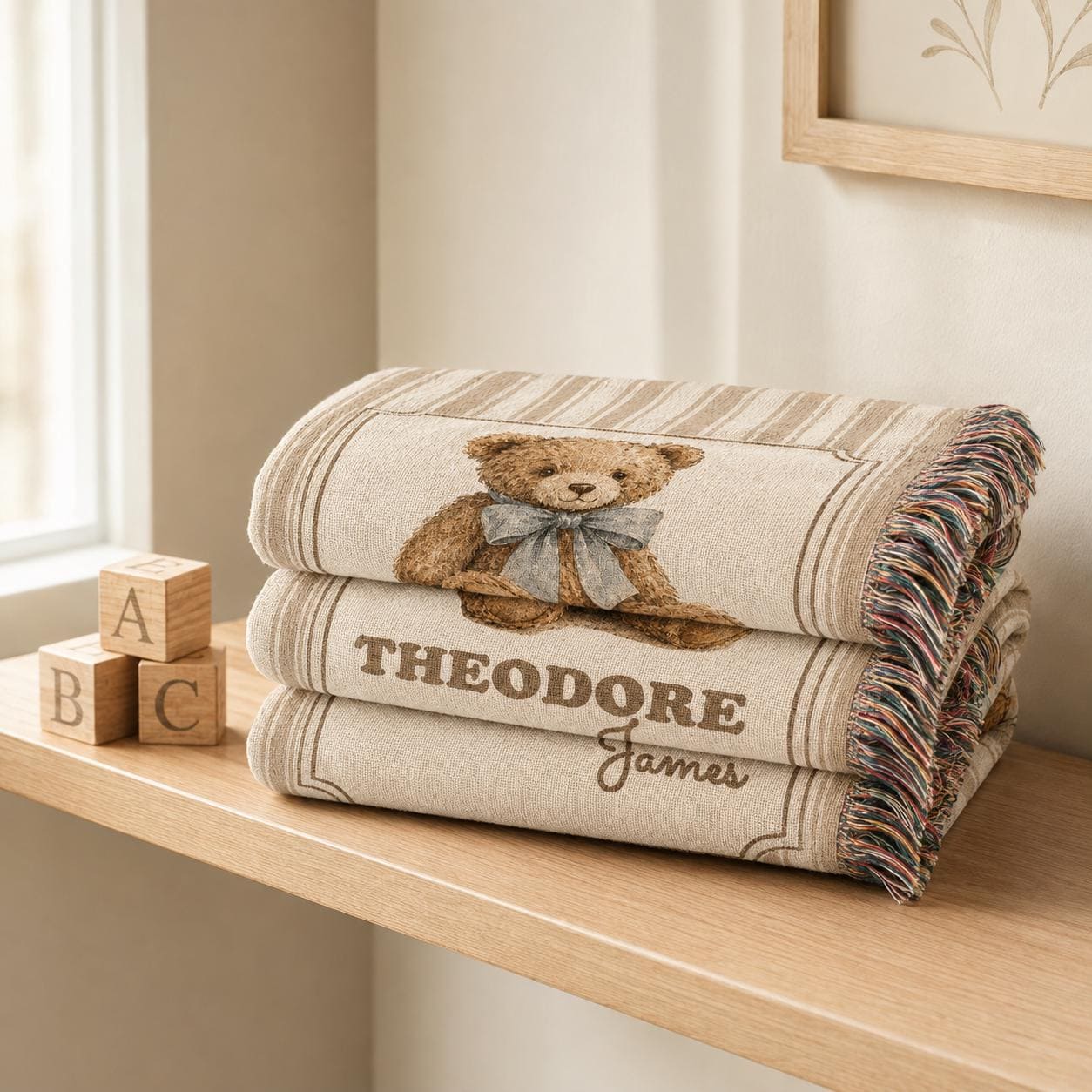 Personalized brown striped cotton woven baby blanket Folded nicely on a shelf display, Stacked on a floating nursery shelf next to ABC wooden blocks. in a bright neutral nursery, featuring a medium-brown teddy bear with a dusty-blue bow, featuring a custom baby name.