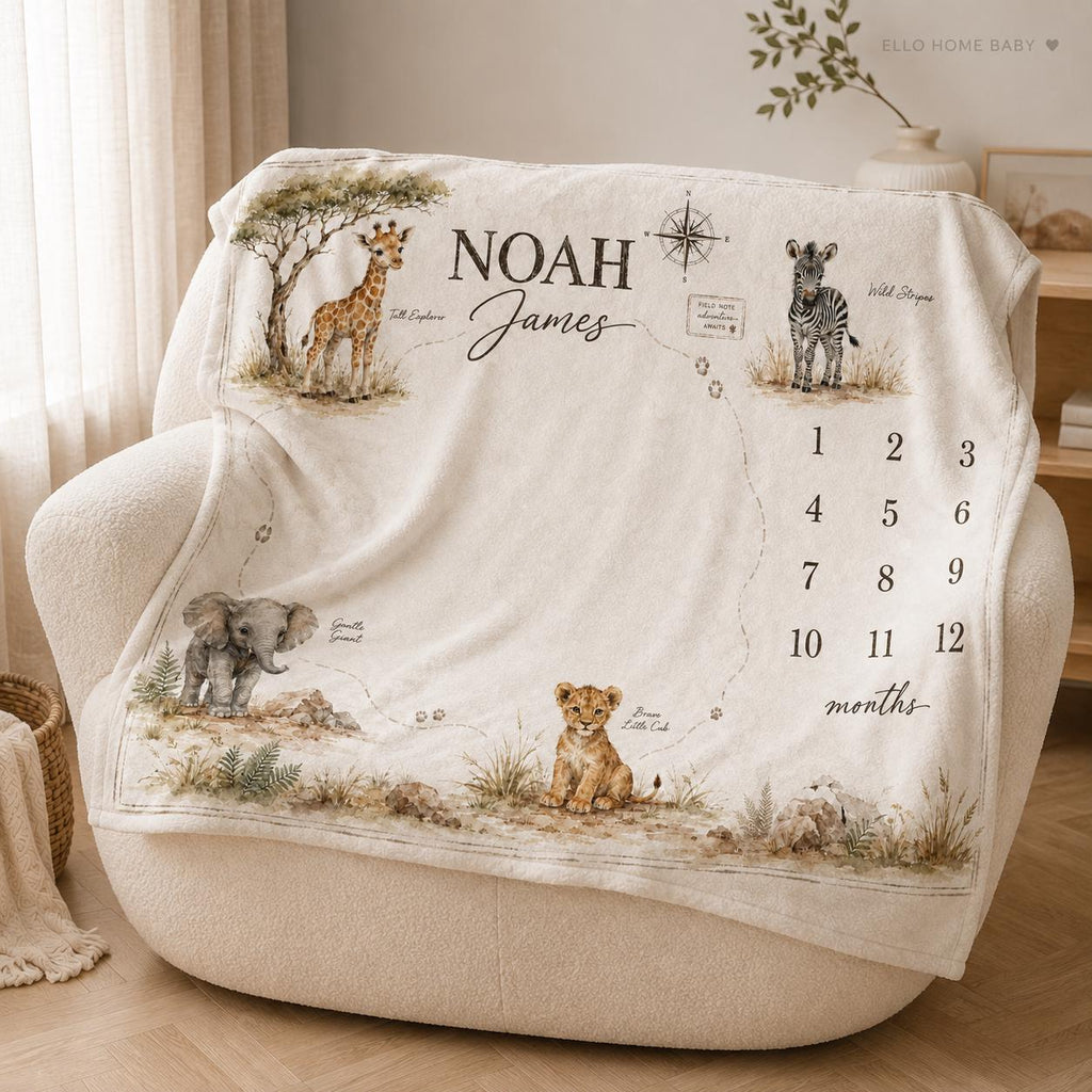 Track baby’s first year with a personalized safari map milestone blanket featuring watercolor animals, paw prints and a neutral little-explorer design.