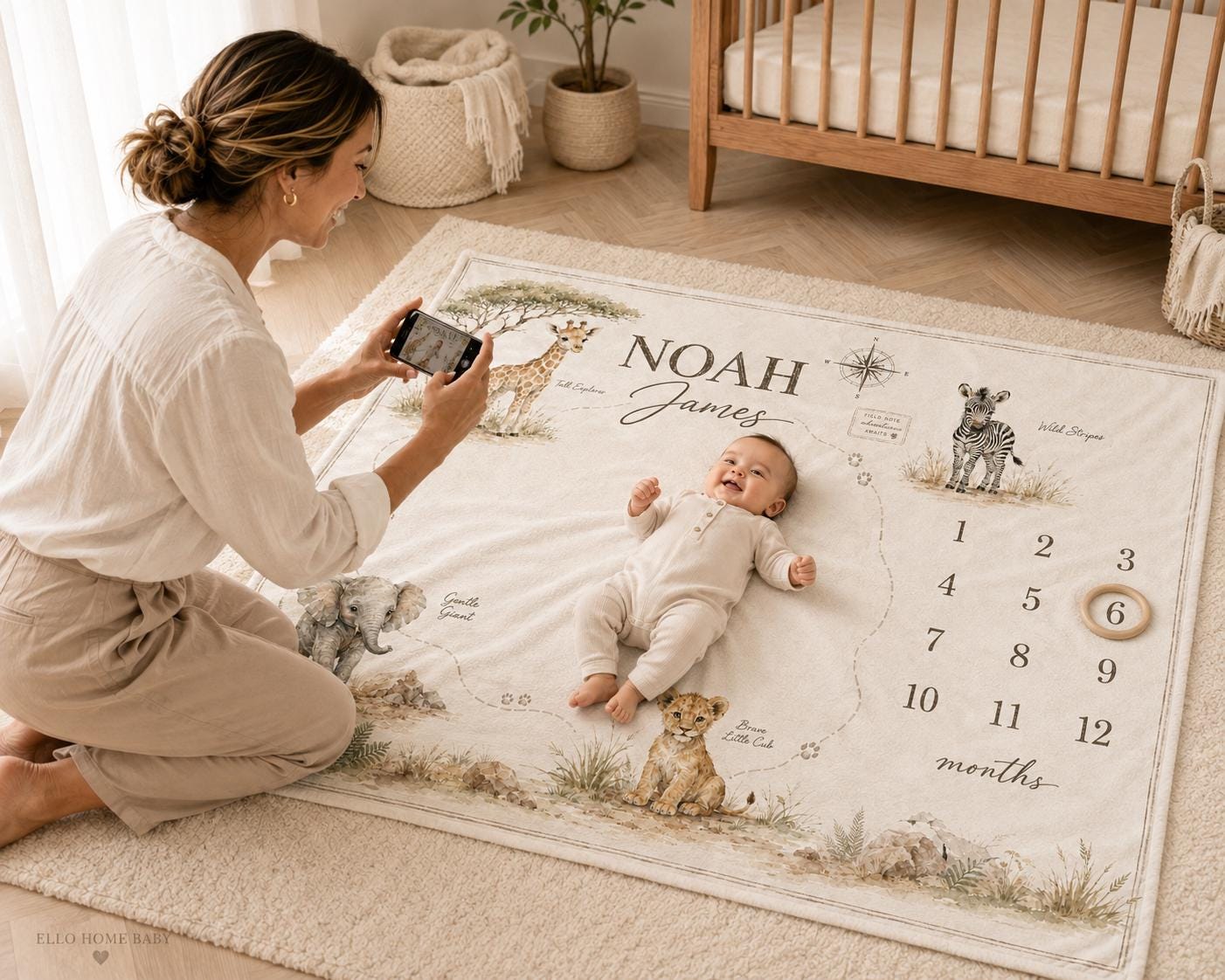 Mother photographing her baby on a personalized safari milestone blanket with neutral watercolor animals, compass and monthly photo numbers.