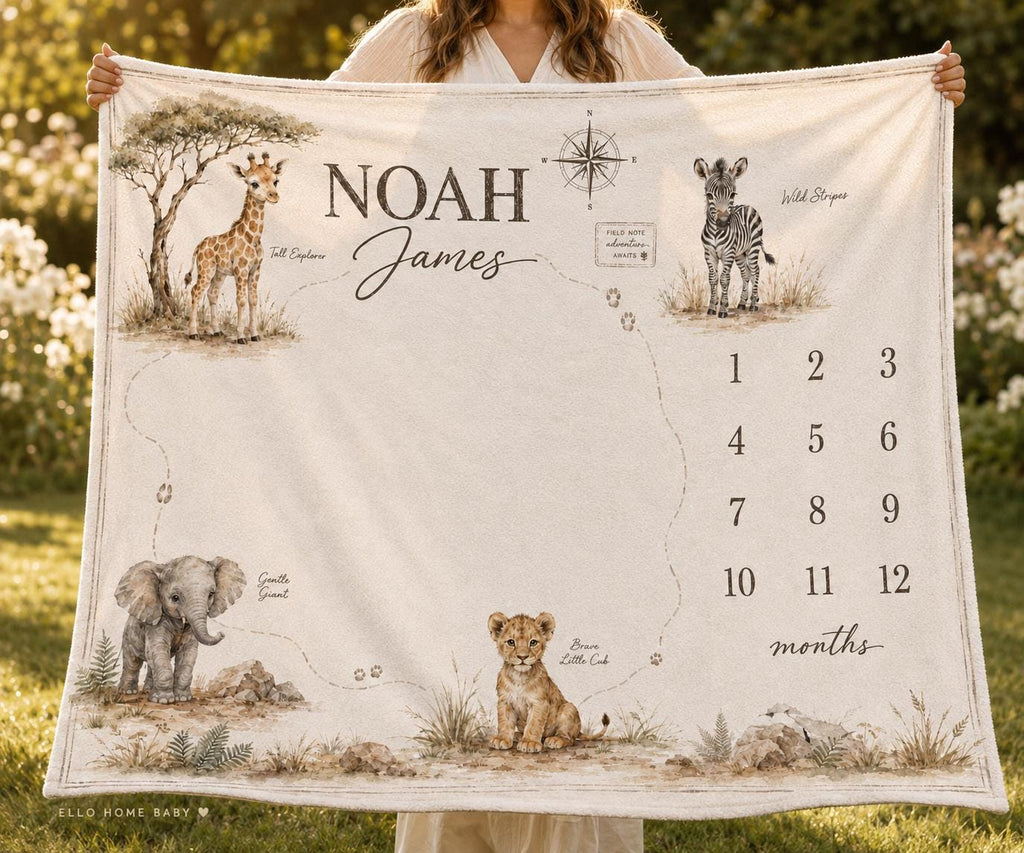 capture every moment with this personalized Safari Keepsake Map Milestone Blanket.