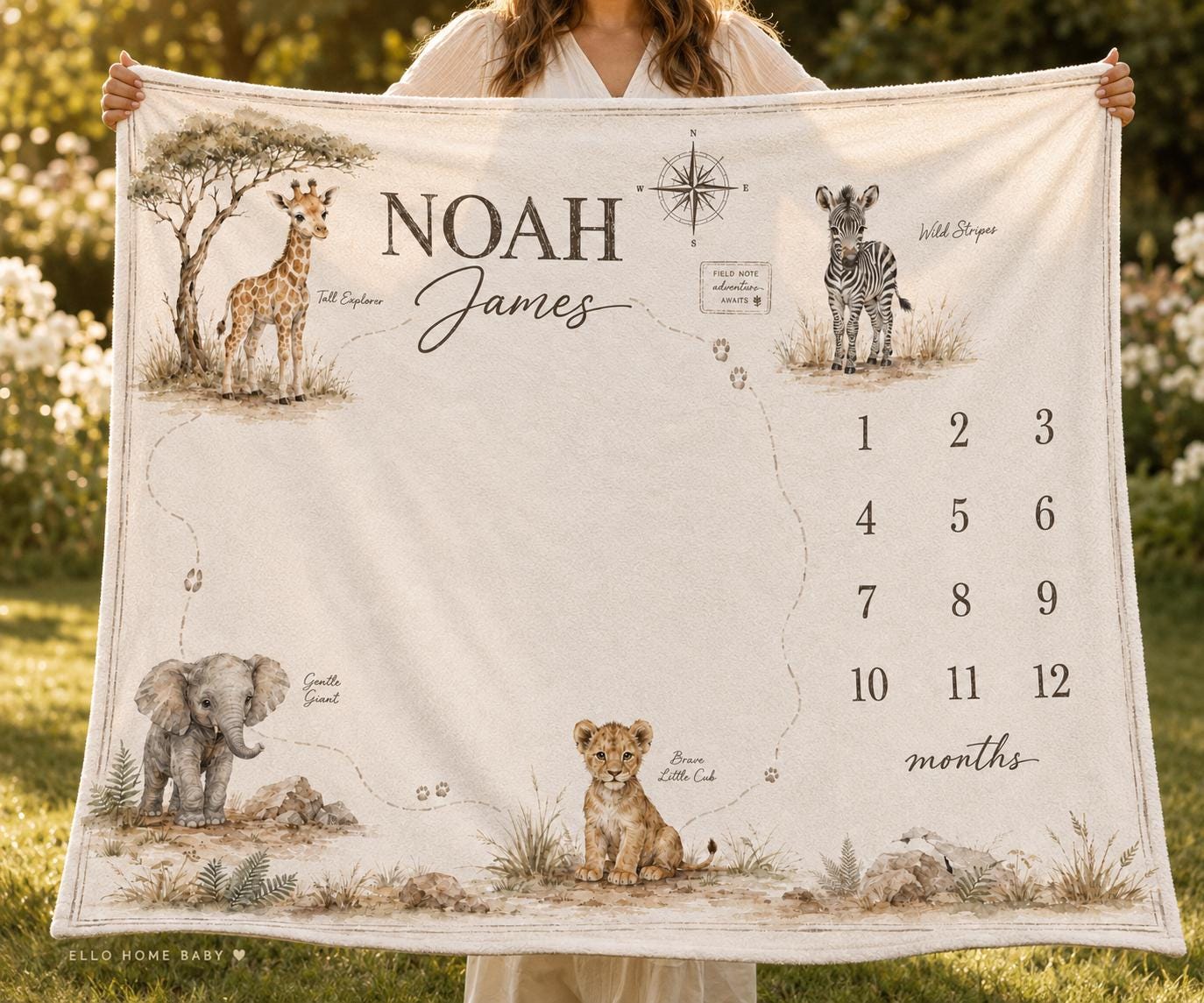 capture every moment with this personalized Safari Keepsake Map Milestone Blanket.