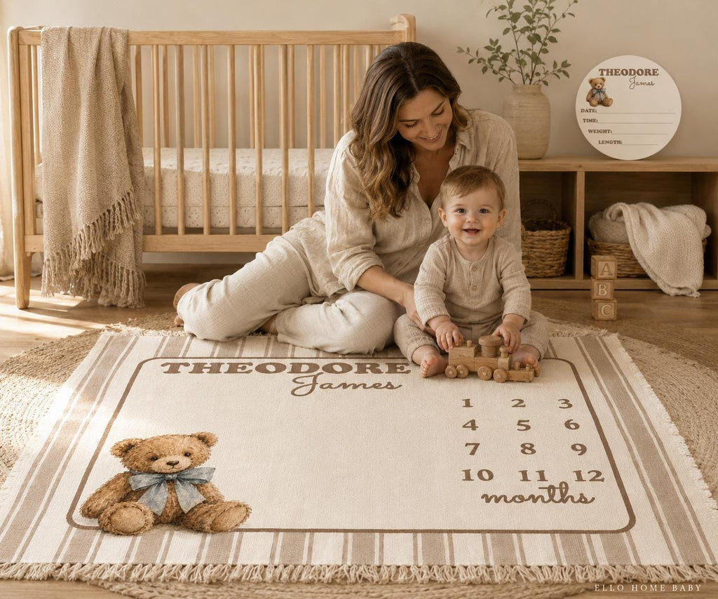 Mother and baby sitting beside a personalized woven cotton teddy bear milestone blanket with monthly numbers.