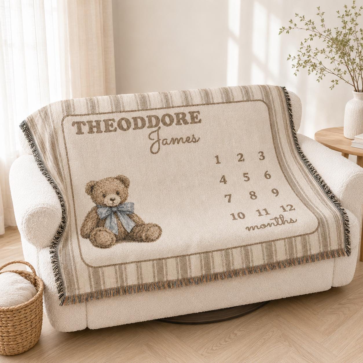 Personalized Theodore Teddy Bear Milestone Blanket on Bouclé Glider in a warm neutral baby nursery.