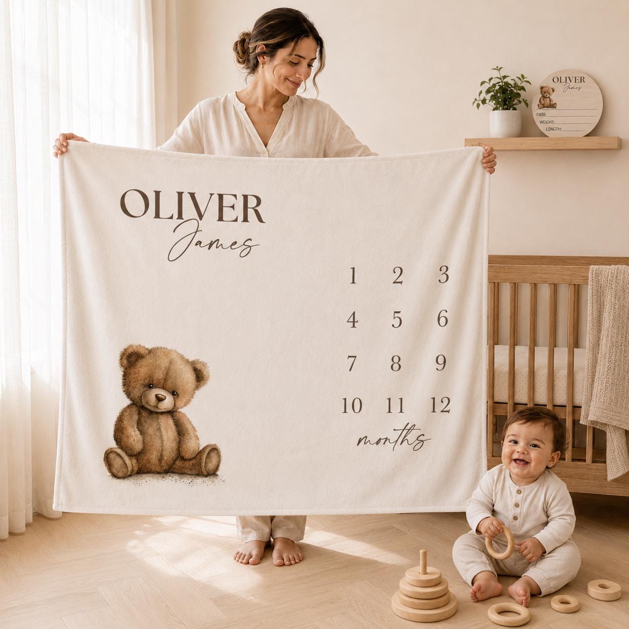 Personalized Teddy Bear Baby Milestone Blanket, First Year Monthly Growth Tracker, Neutral Photo Prop Vintage Nursery, Custom Name Blanket