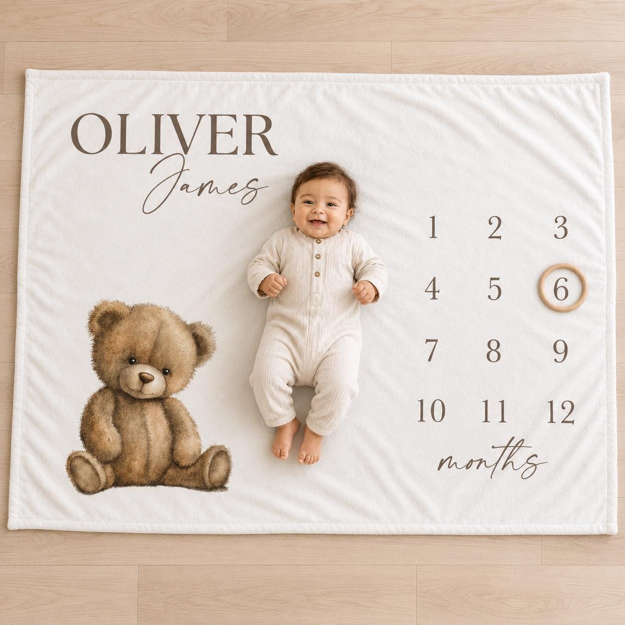 Personalized Teddy bear baby milestone blanket. Track baby's first year monthly growth with this soft month blanket for boy or girl. This is a custom neutral baby shower gift. An adorable watercolor brown bear photo prop with month numbers 1-12 to track baby's growth.