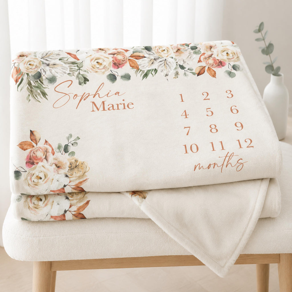 Personalized Boho Floral Baby Milestone Blanket, Rustic Monthly Growth Tracker, Terracotta Fall Month Blanket, Autumn baby announcement