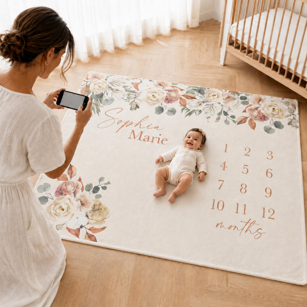 A mother stands on a neutral hardwood floor using her smartphone to take an overhead photo of her baby lying on a boho floral milestone tracking blanket for autumn baby announcement.