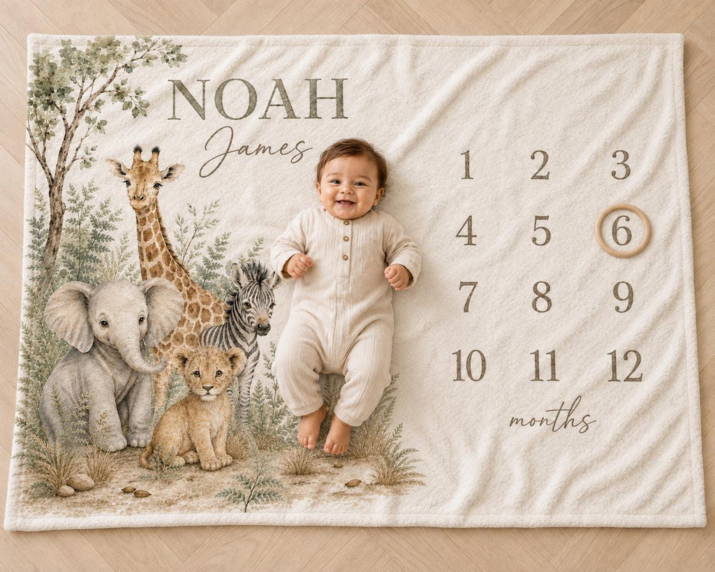 Smiling baby lying on a personalized neutral safari milestone blanket with the name Noah James, watercolor giraffe, elephant, zebra and baby lion, botanical greenery and monthly numbers 1 through 12.