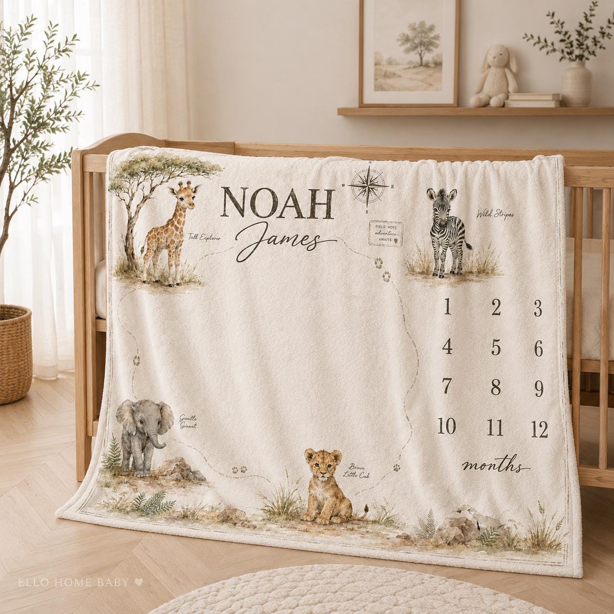 Personalized Safari Keepsake Map Milestone Blanket