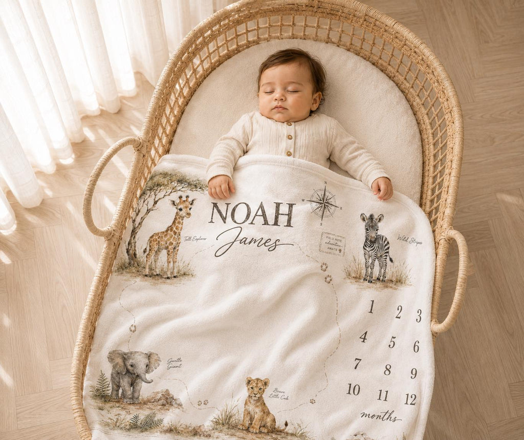 Sleeping baby tucked under a soft personalized minky milestone blanket featuring a watercolor safari map and little explorer animals.