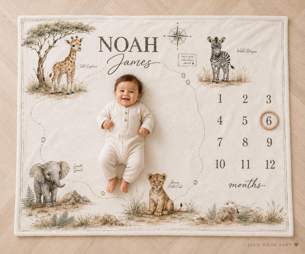 Personalized safari map milestone blanket with smiling six-month-old baby, watercolor giraffe, zebra, elephant, lion cub and monthly number grid.