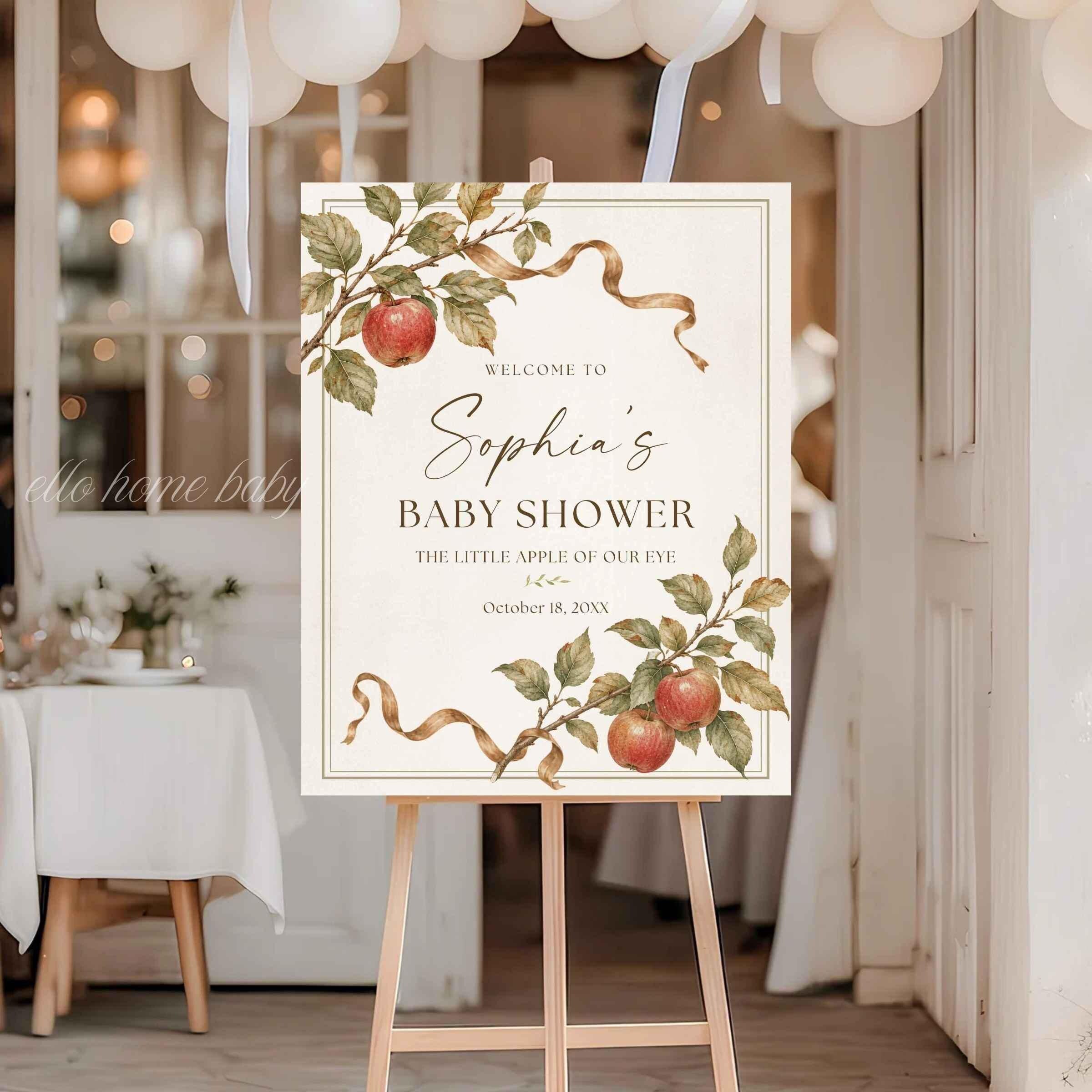 Gender-neutral orchard baby shower welcome board personalized with Sophia’s name and an October event date.