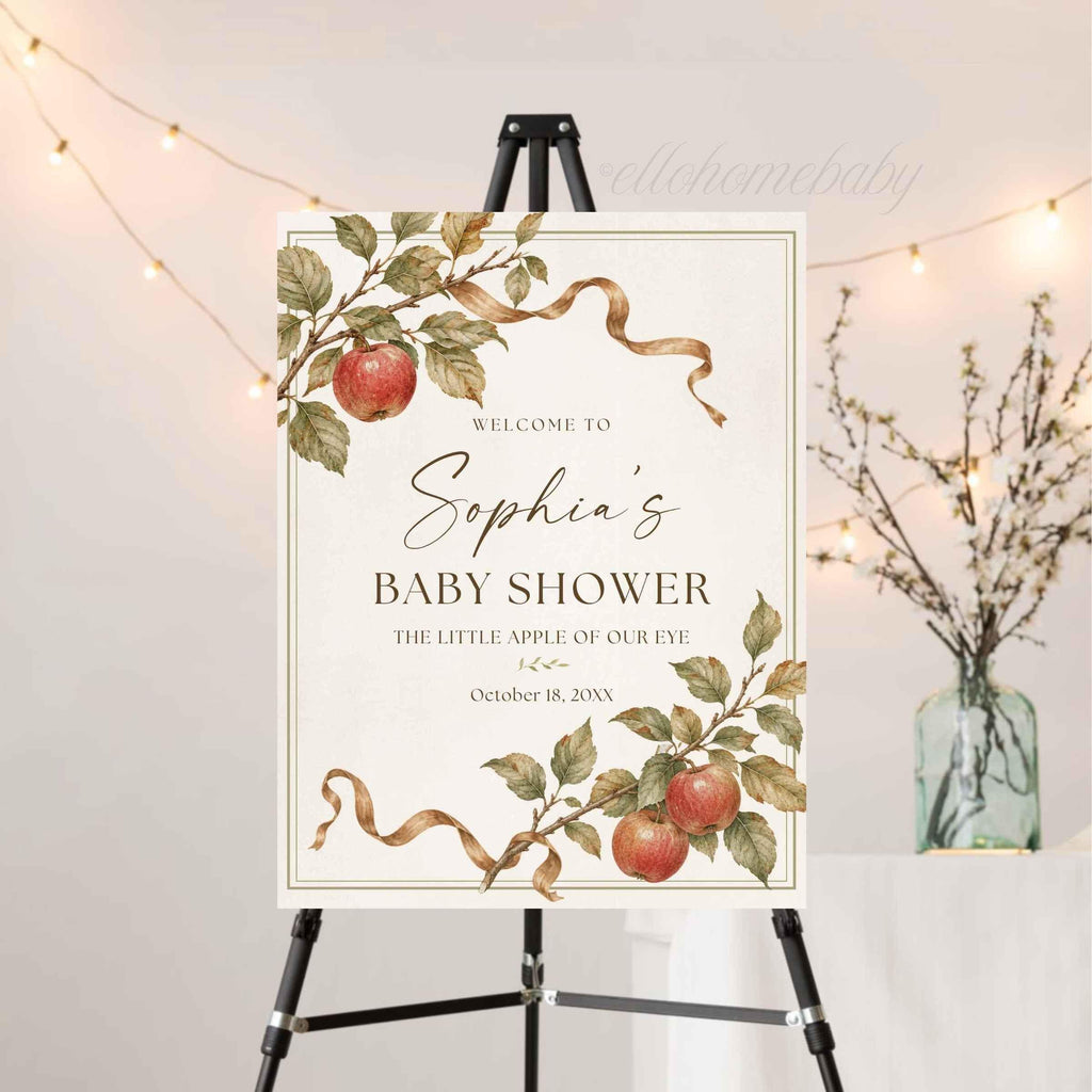 Welcome guests with a personalized Little Apple of Our Eye baby shower sign, printed on sturdy foam board for a sweet fall orchard celebration.