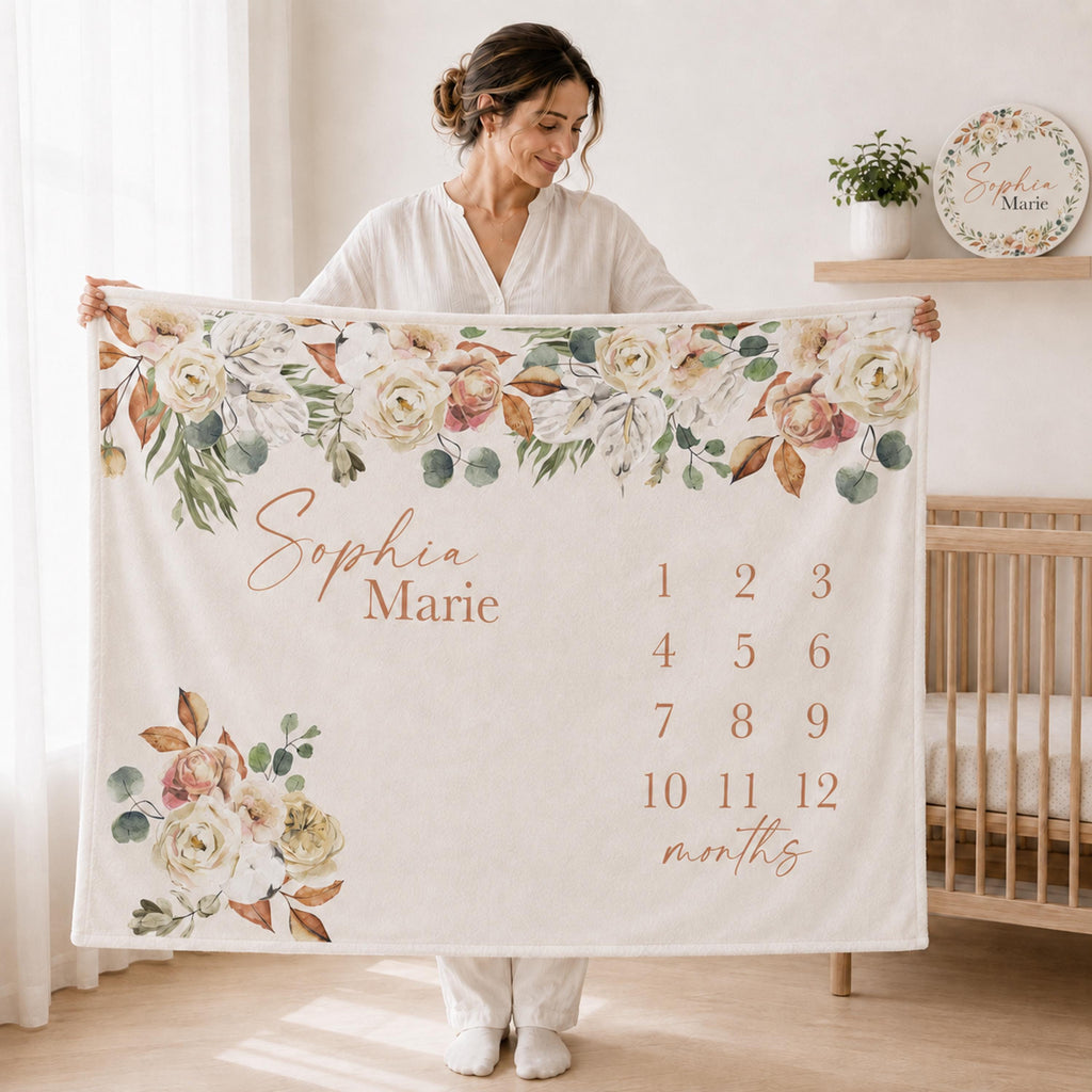 Personalized Boho Floral Baby Milestone Blanket, Rustic Monthly Growth Tracker, Terracotta Fall Month Blanket, Autumn baby announcement