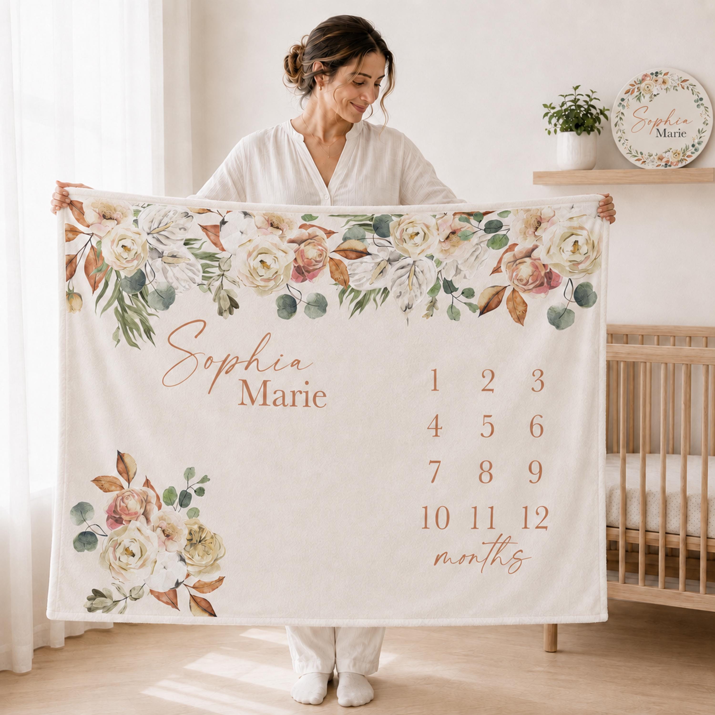 Personalized Boho Floral Baby Milestone Blanket, Rustic Monthly Growth Tracker, Terracotta Fall Month Blanket, Autumn baby announcement