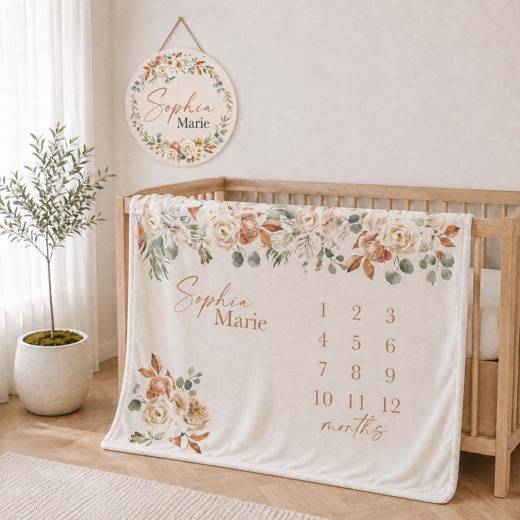Personalized Boho Floral Baby Milestone Blanket, Rustic Monthly Growth Tracker, Terracotta Fall Month Blanket, Autumn baby announcement