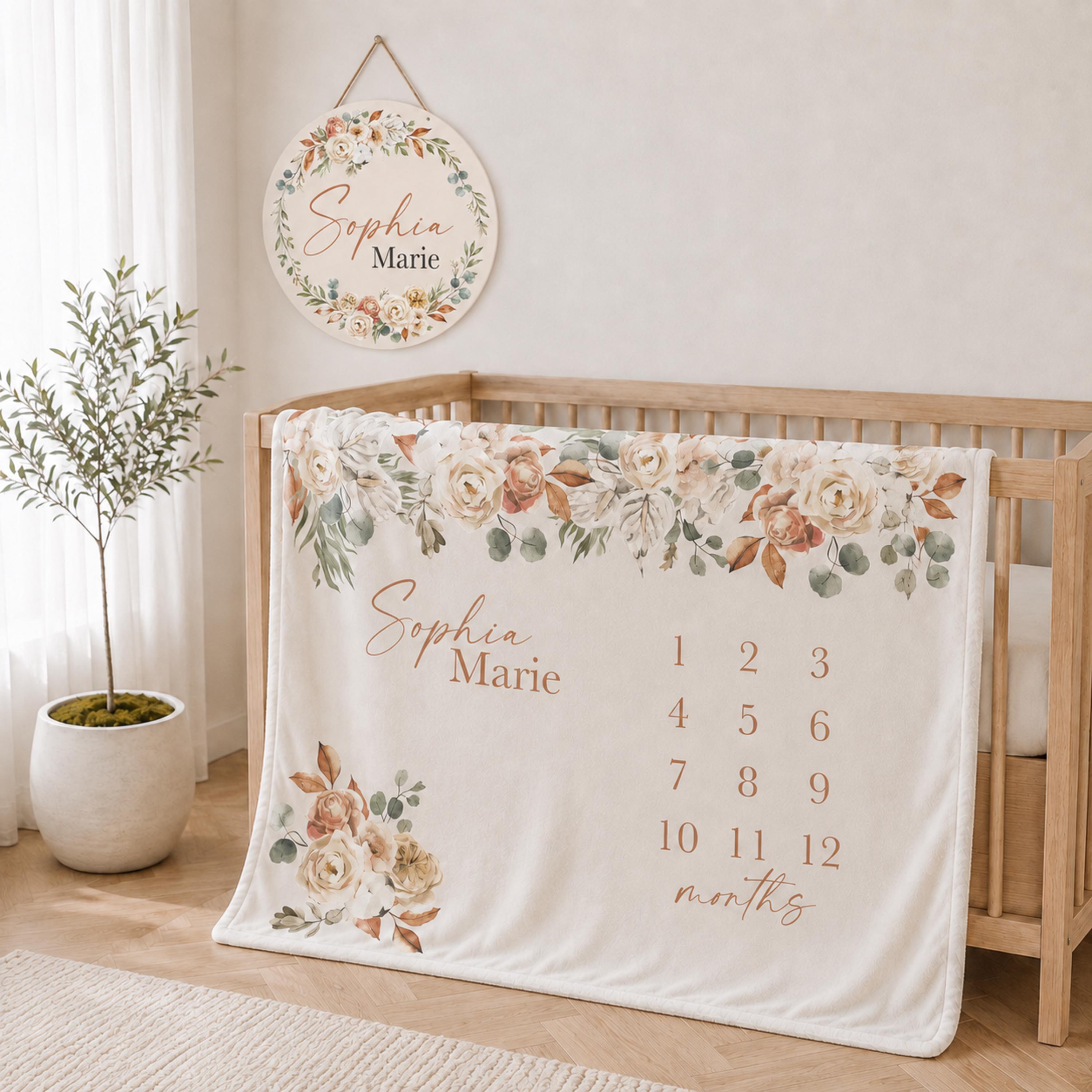 Personalized Boho Floral Baby Milestone Blanket, Rustic Monthly Growth Tracker, Terracotta Fall Month Blanket, Autumn baby announcement