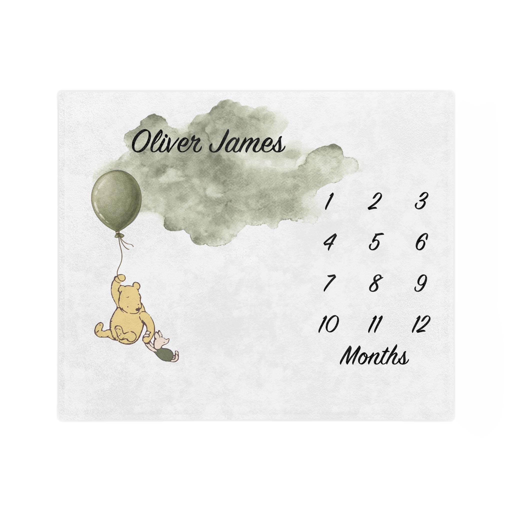 Classic Winnie Bear Baby Milestone Blanket, First Year Month Growth Tracker, Custom Name Newborn Blanket, Storybook Baby Shower Gift Boy