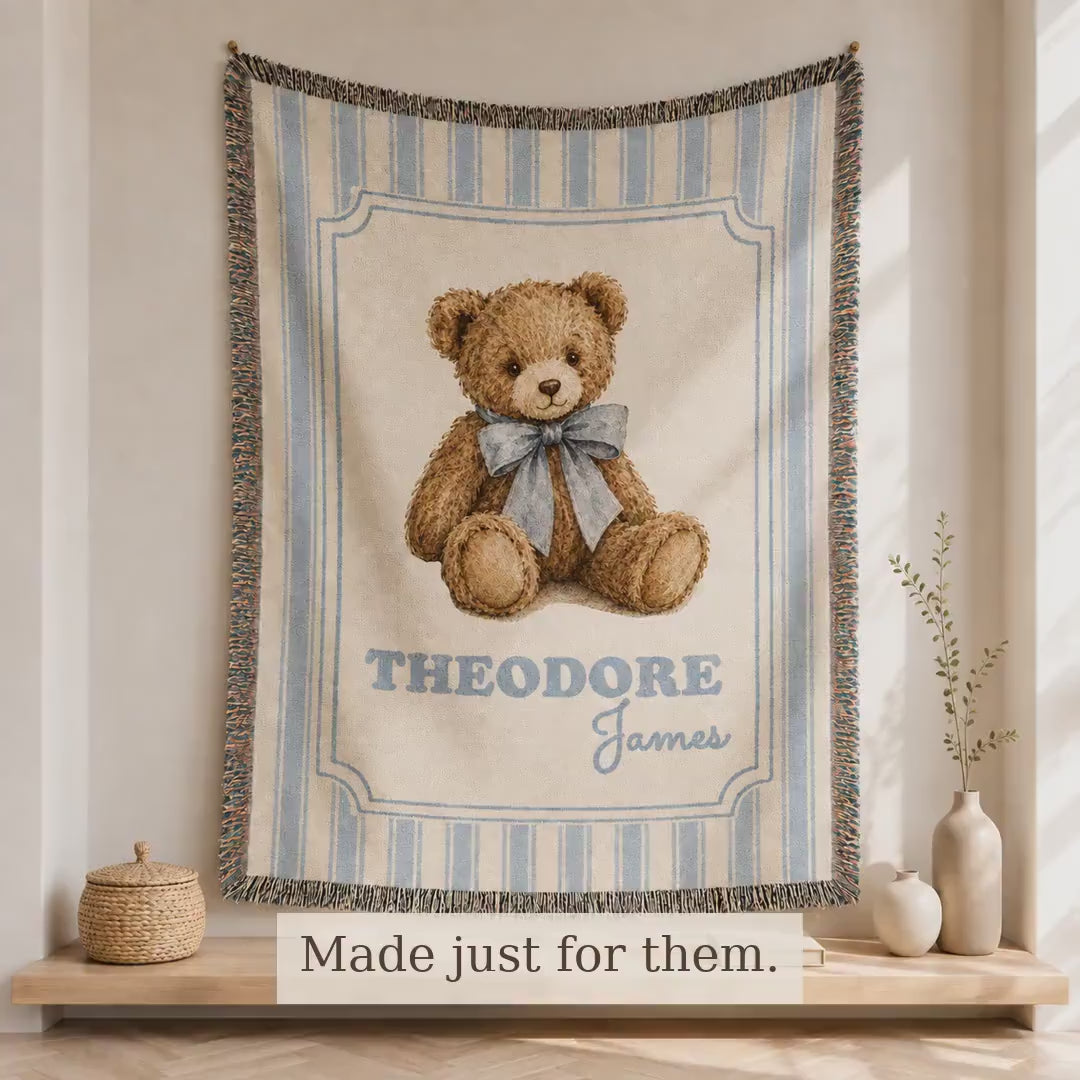 Personalized Teddy Bear Woven Cotton Baby Blanket,  Heirloom Nursery Keepsake, Custom Name Blanket, Vintage Grandmillennial Throw