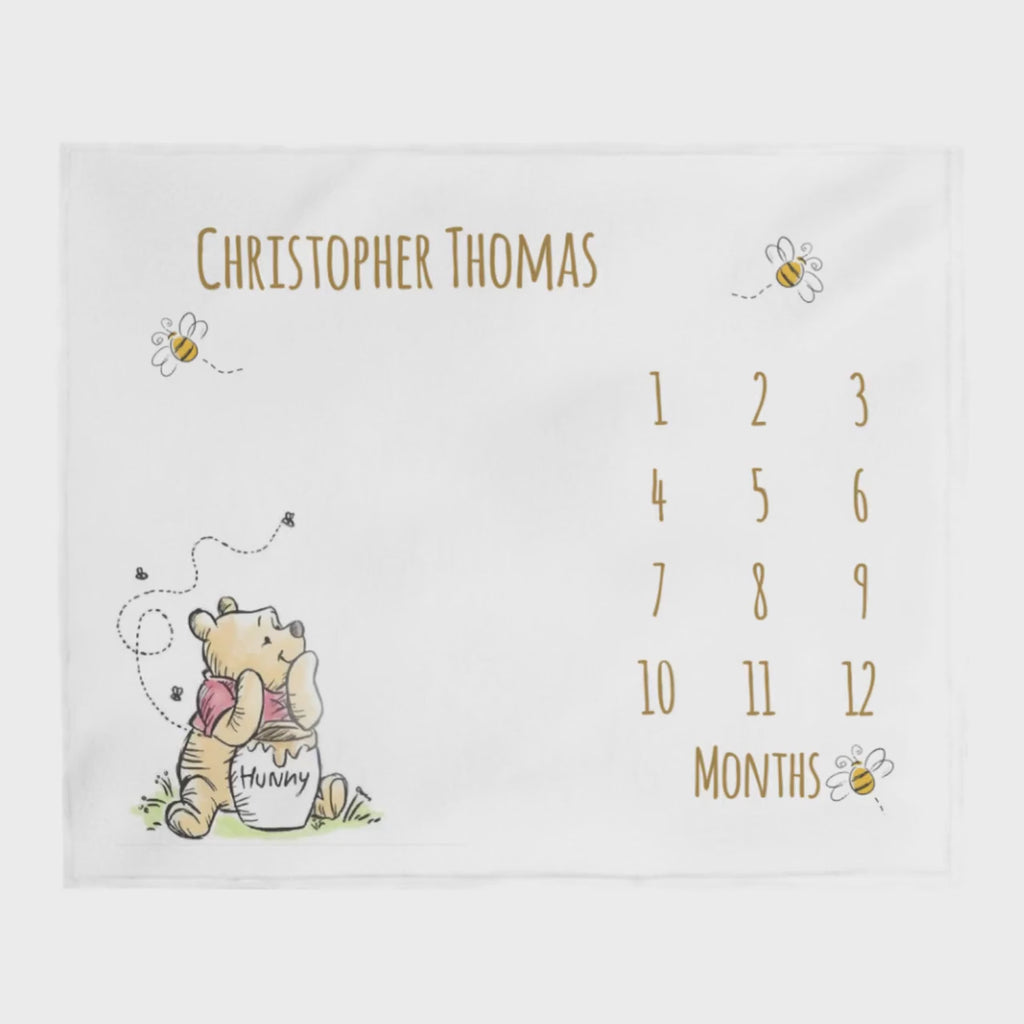 Classic Winnie Bear Baby Milestone Blanket Boy, First Year Calendar Monthly Growth Blanket Girl, Personalized Name Month Baby Shower Gift
