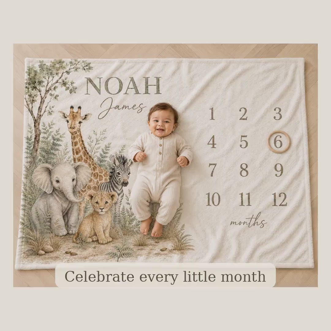 Personalized Safari Milestone Blanket, Neutral Jungle Animal Baby Blanket, Monthly Photo Prop, Custom Name Newborn Gift, Safari Nursery