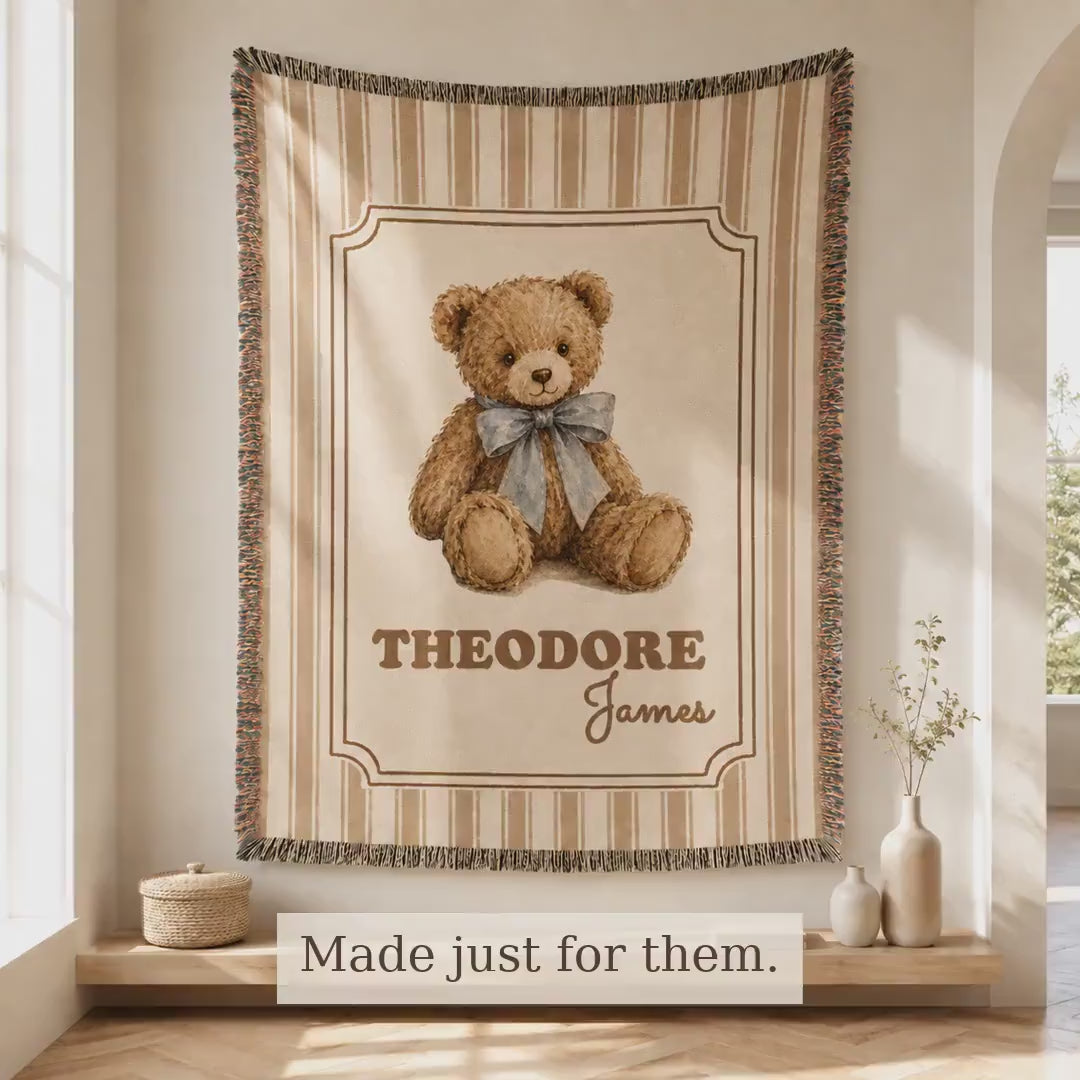 Teddy Bear Personalized Baby Blanket, Heirloom Custom Name Woven Cotton Throw, Vintage Grandmillennial Nursery Keepsake Gift
