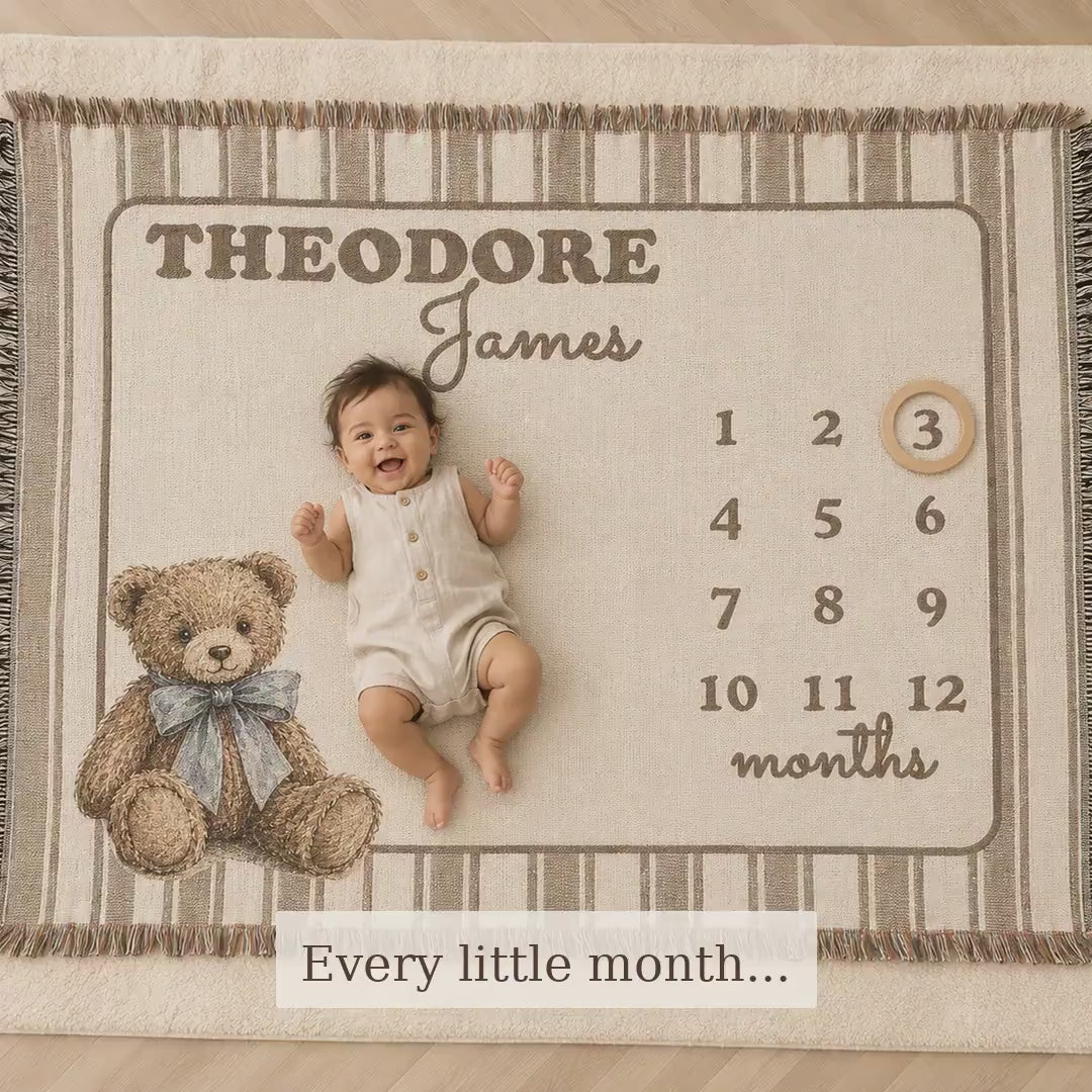Personalized Woven Teddy Bear Milestone Blanket, Brown Striped Monthly Photo Blanket, Vintage Bear Nursery Decor, First Year Keepsake